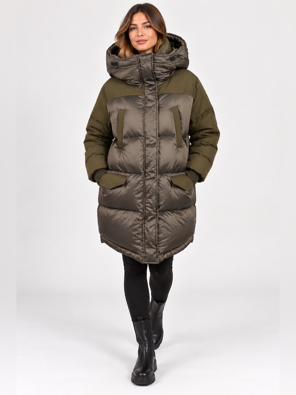The Kooples Long Down Puffer Coat Hooded Khaki Green NWT Size 1 Designer $545